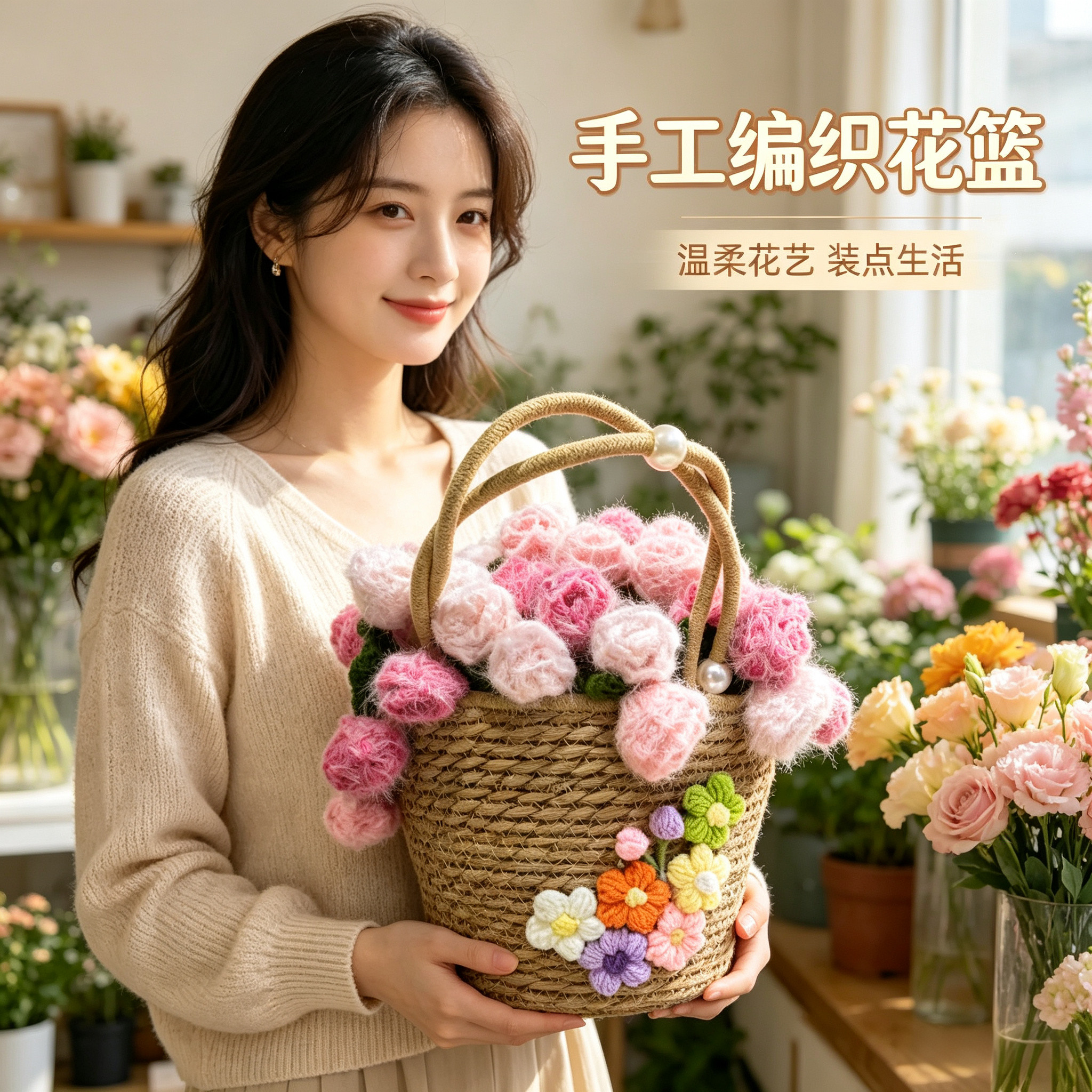 草编手工编珍珠手提篮鲜花篮玫瑰花毯篮子水桶包新款礼物伴手礼