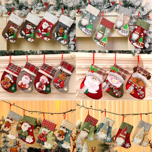 跨境新款各尺寸麻布立体卡通圣诞袜圣诞节礼物袋糖果袋袜子 挂件