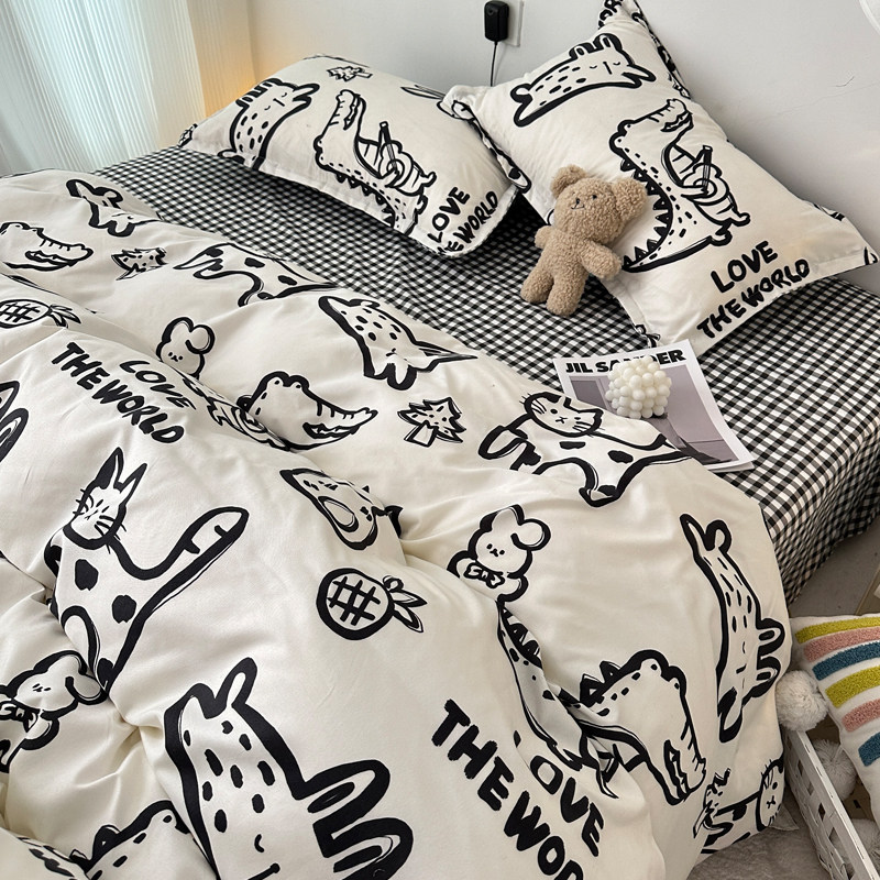 ins简笔画简约北欧黑白床上四件套可爱猫咪文艺1.5被套床单三件套