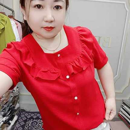 2024夏季新款法式荷叶边拼接短袖衬衫女时尚洋气遮肉薄款外穿上衣