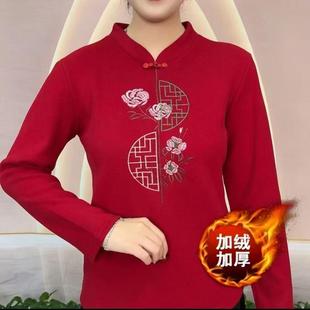 加绒加厚保暖打底女装 秋冬中老年妈妈上衣高贵民族刺绣花T恤卫衣