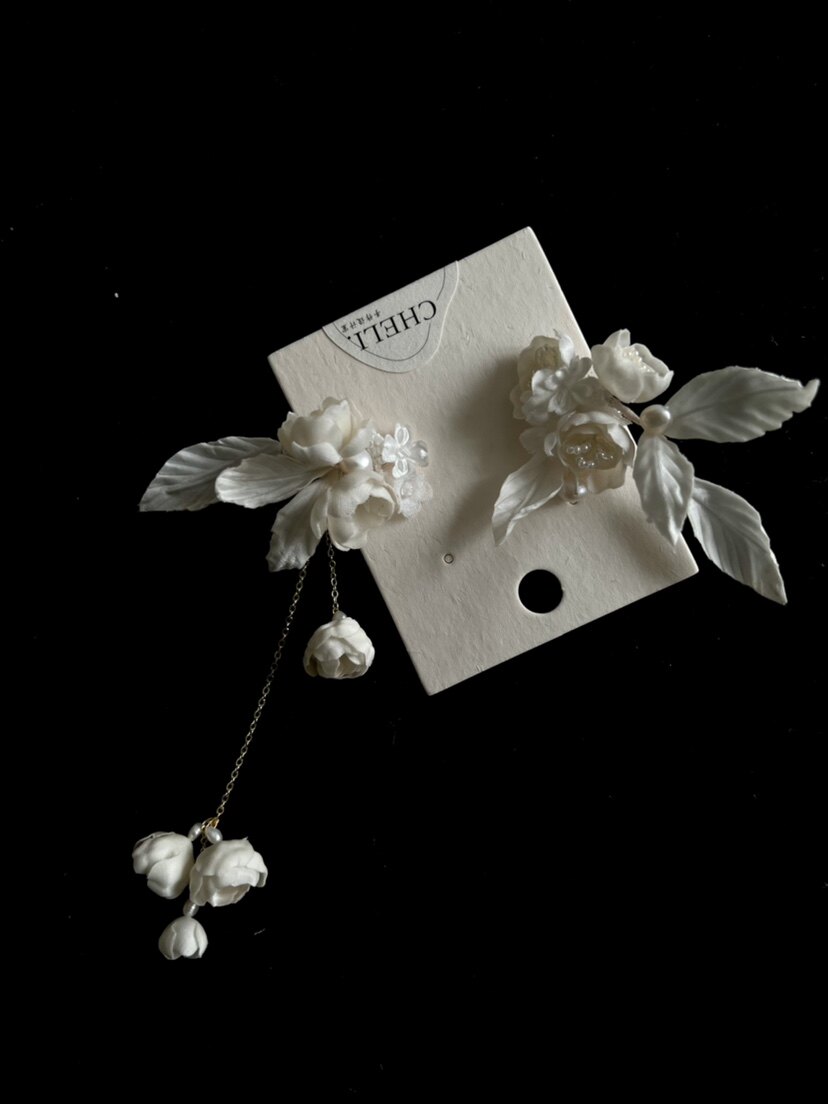 cheli 丘林手作白色花苞花瓣新娘耳饰流苏耳坠婚纱礼服旅拍饰品