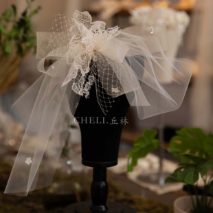 cheli丘林手作蕾丝网纱蝴蝶结新娘头饰轻奢短款 头纱外景旅拍配饰