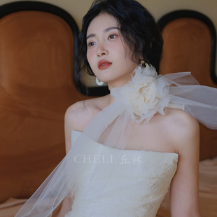 cheli丘林原创设计手工真丝造花轻盈复古飘纱颈花新娘造型配饰