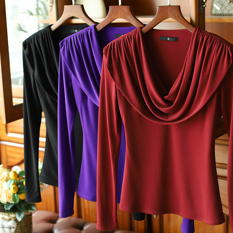 醋酸长袖t恤女秋季设计感小众体恤垫肩荡领气质高级感修身上衣女