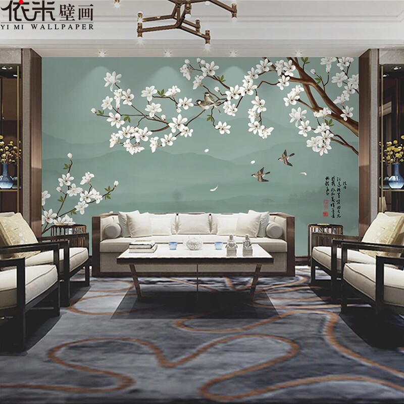 8d中式花鸟墙纸电视背景墙壁纸定制壁画