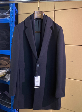 秋冬款可拆卸围巾领商务休闲毛呢大衣中长款黑色简约时尚外套Q103