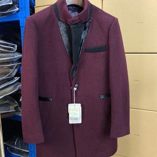 修身 大衣酒红色西装 风衣外套上衣男简约D31 高端纯羊毛中长款 男装