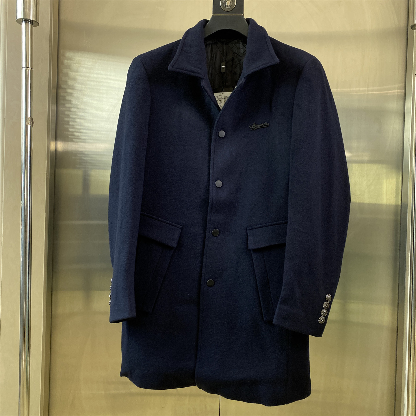 商务休闲毛呢大衣男中长款深蓝色单排扣立领修身冬季外套7D29