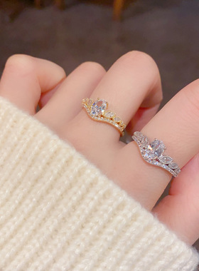 跨境精致时尚轻奢百搭高级感满钻皇冠开口戒指个性小众设计食指戒