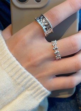 跨境冷淡风小众设计感暗黑褶皱肌理宽面戒指简约时尚龙骨食指戒