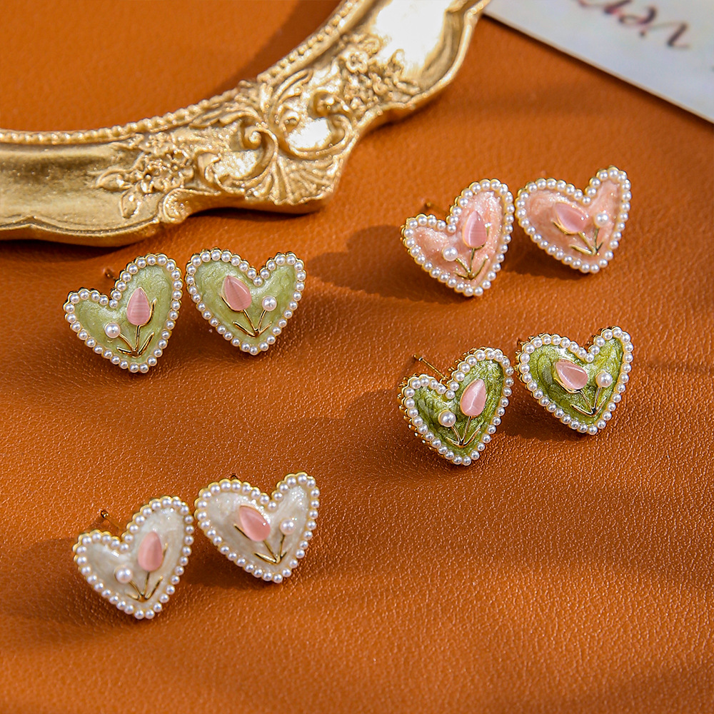 跨境郁金香爱心猫眼石珍珠耳钉S925银针清新甜美可爱百搭森系耳饰