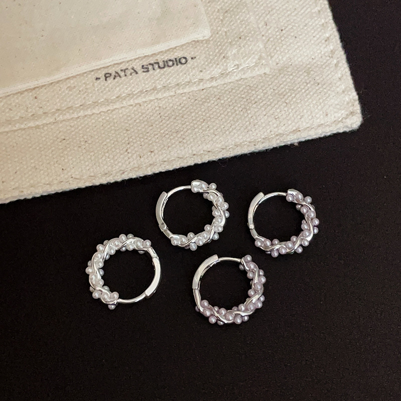 S925银设计感珍珠缠绕麻花耳扣轻奢复古个性精致时尚潮流百搭耳环