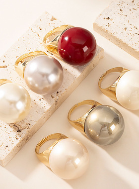 跨境欧美夸张时尚镶珍珠开口戒指女小众个性设计感可调节活口指环