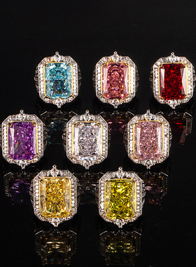 跨境新款冰花切戒指高碳钻大方形戒电镀分金开口戒时尚轻奢大气