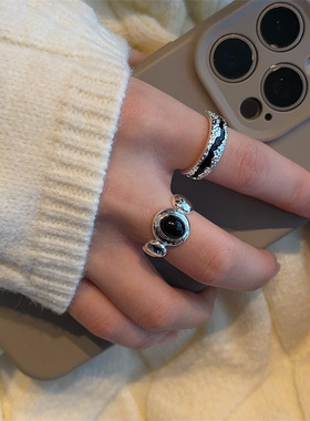 跨境爆款镶黑宝石开口戒指女时尚个性小众设计百搭叠戴食指尾戒