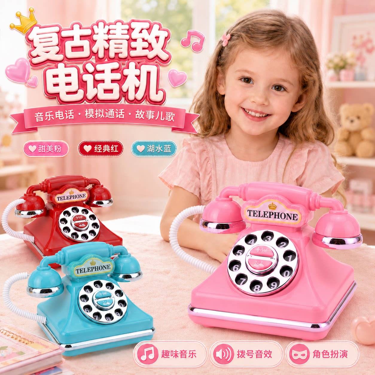 儿童仿真复古电话机音乐故事玩具