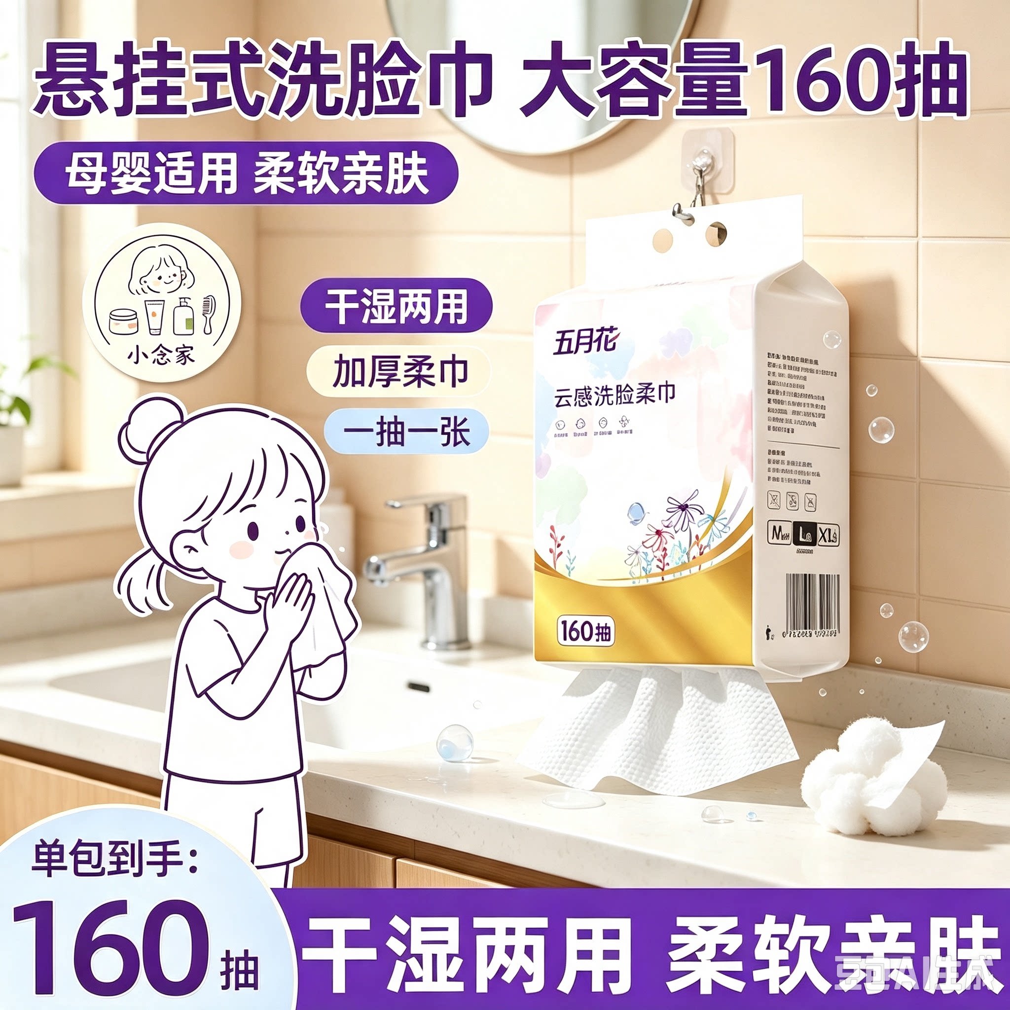 五月花悬挂式大包抽拉160抽壁挂式干湿两用面巾洗脸巾