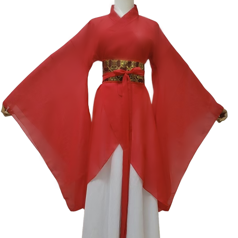 新款儿童《关雎》古典舞蹈女魏晋大袖交领异形围裳战国袍红色古装