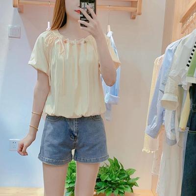 多巴胺设计感系带衬衫短袖女夏胖MM宽松显瘦短款减龄泡泡袖上衣潮
