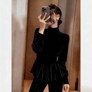 黑色小衫冬款超好看高级独特衬衫上衣时尚百搭金丝绒上衣优选推荐