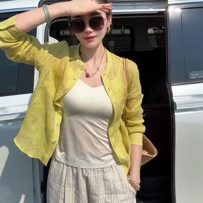 黄色苎麻长袖防晒衬衫女2025新款夏季薄款外搭开衫宽松短外套上衣
