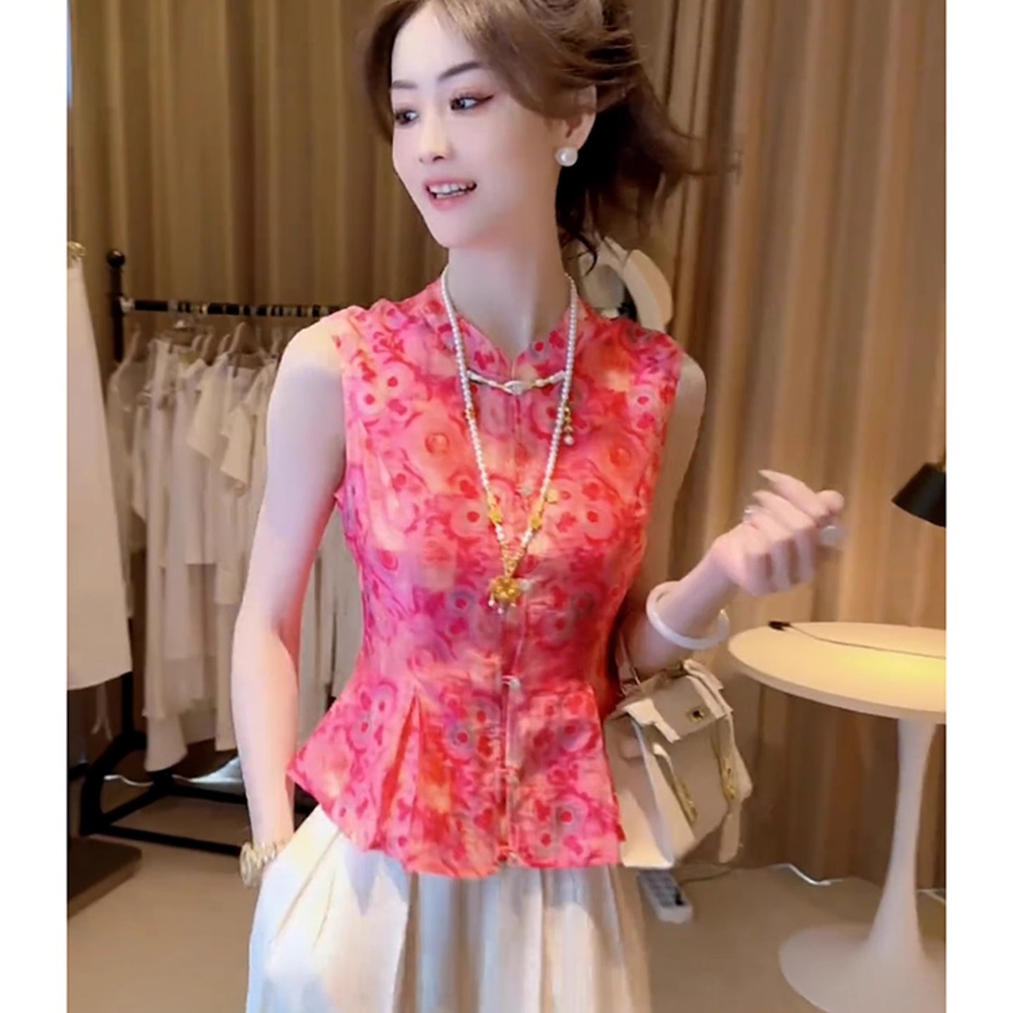 中式国风女装2025新款夏季轻奢高级感超好看减龄气质印花无袖衬衫