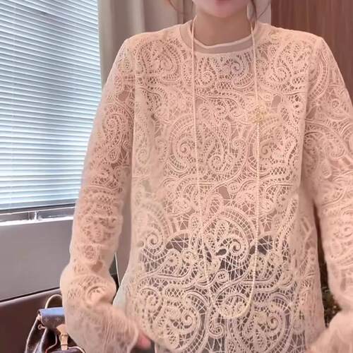 名媛气质温柔风钩花镂空长袖蕾丝衫长袖T恤女2025年秋季叠穿上衣