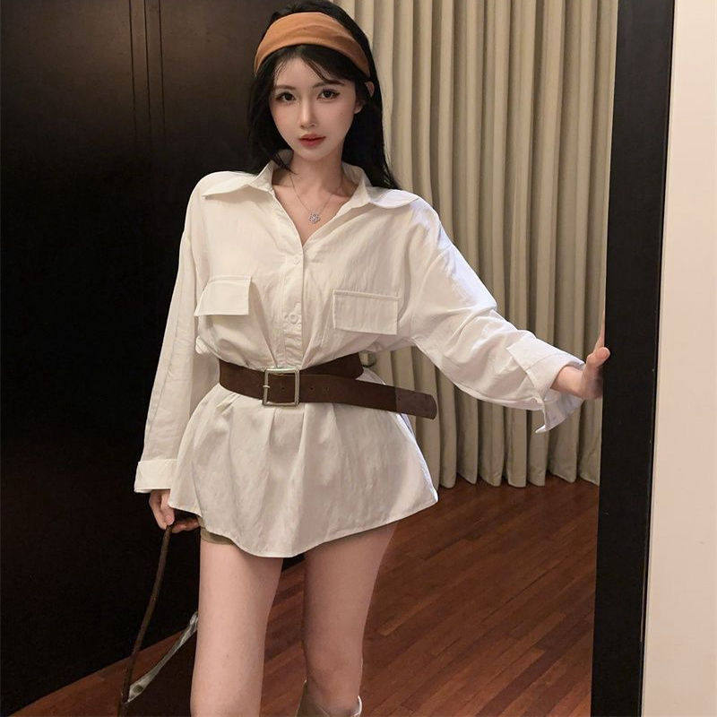 时尚休闲气质百搭新款秋季高级感气质翻领减龄长袖衬衫女配腰带潮