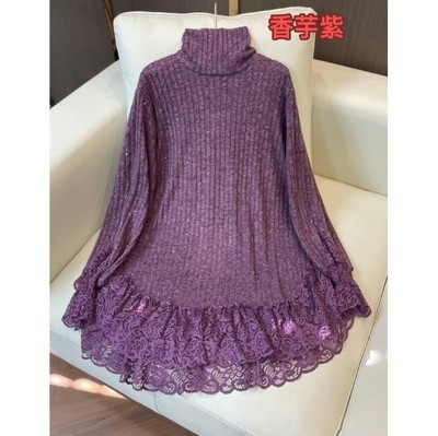 高领蕾丝下摆针织衫女冬季新款慵懒风宽松套头中长款减龄打底毛衣