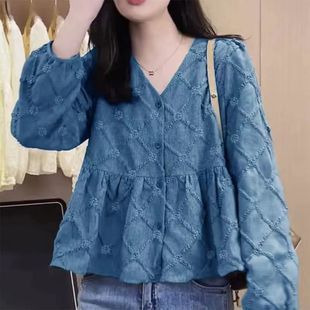 早春季小个子v领娃娃衫女春装2025年新款长袖a字裙摆上衣泡泡袖