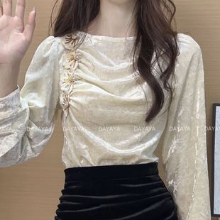 打底衫 宫廷风时尚 气质刺绣丝绒上衣女春秋高洋气别致漂亮衬衫 法式