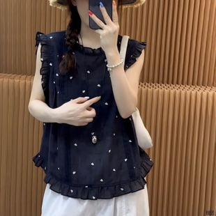 时尚 新款 木耳边爱心印花无袖 女夏季 简约百搭宽松显瘦上衣 衬衫 韩版