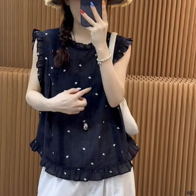 韩版时尚木耳边爱心印花无袖衬衫女夏季新款简约百搭宽松显瘦上衣