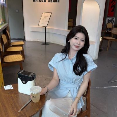 设计感绑带收腰polo领短袖衬衫女2025年夏季蓝色气质百搭显瘦上衣