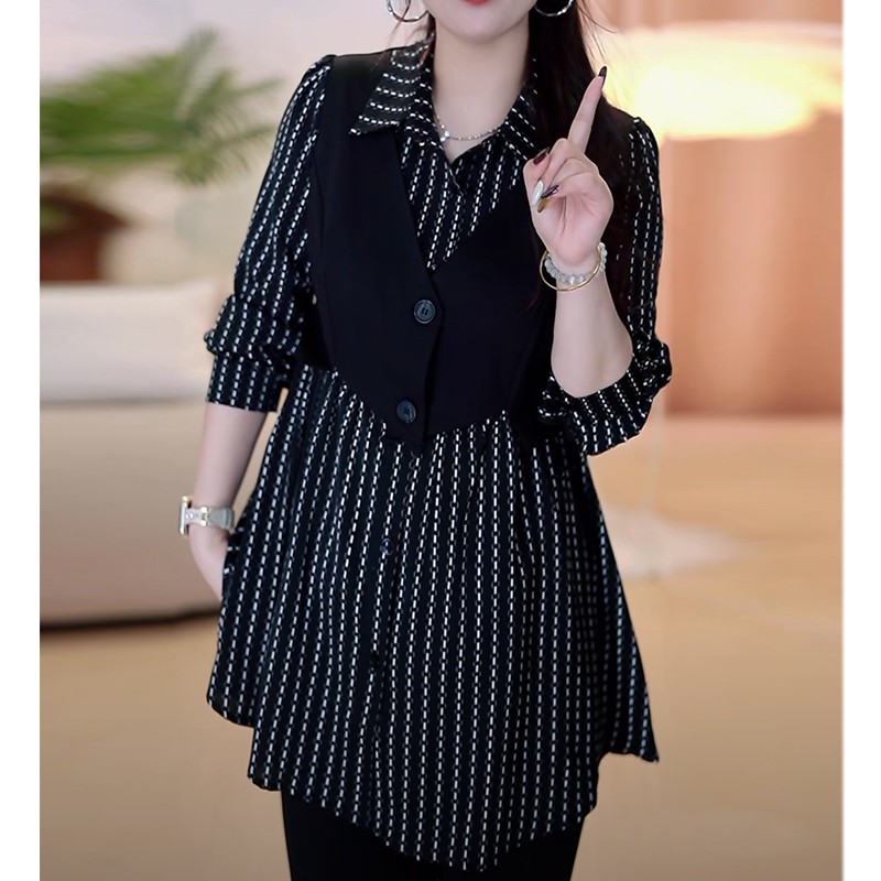 大码女装法式高级感假两件休闲衬衣秋季新款胖mm遮肉显瘦长袖上衣