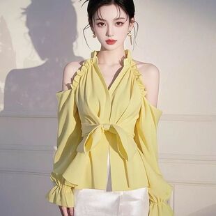 2025女春款黄色露肩蝴蝶结衬衫独特超好看高级小众不撞款上衣洋气