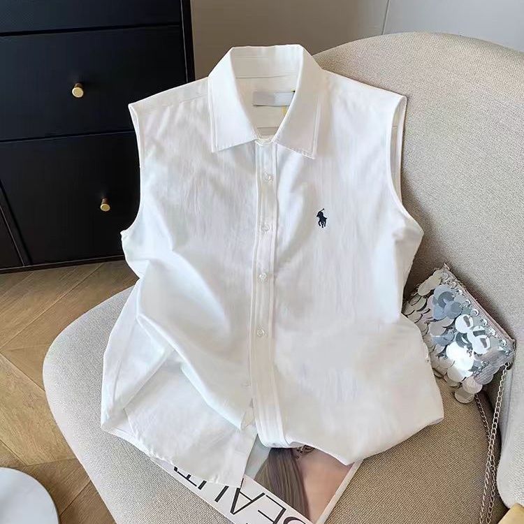 广州十三行高货清仓！白色小马刺绣polo领无袖衬衫女百搭气质上衣