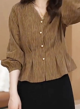 精致淑女纯色洋气下摆收腰显瘦长袖开衫衬衫胖mm大码女装时尚上衣
