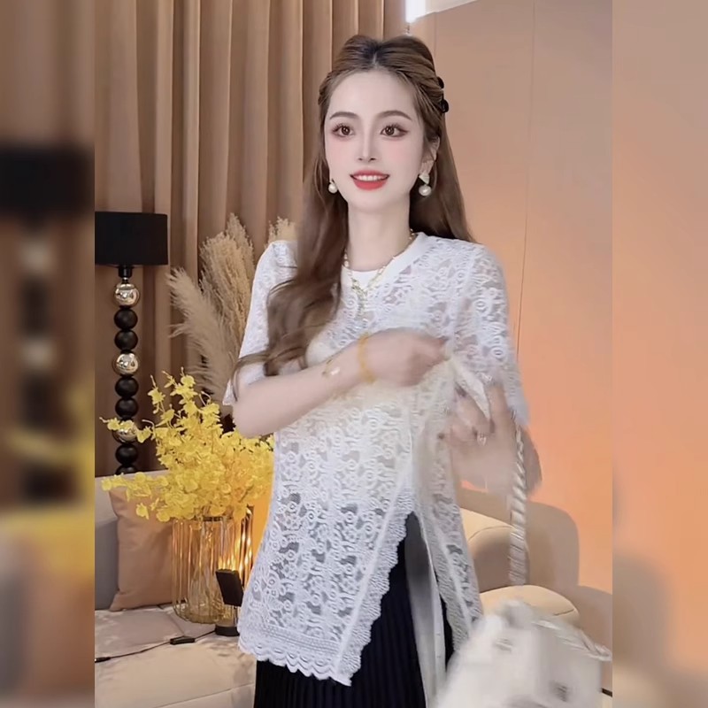 性感微透蕾丝提花镂空白色短袖T恤女夏季设计感宽松气质开叉上衣