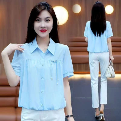 小个子女士短袖衬衫雪纺衫2025夏新款遮肚子显瘦遮肉衬衣洋气上衣