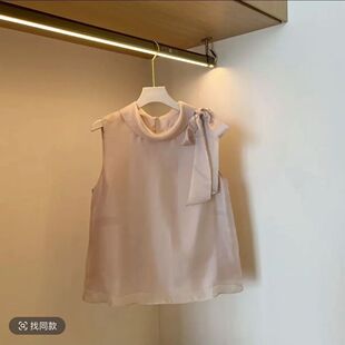 法式蝴蝶结系带无袖上衣女夏季欧根纱温柔风甜美显瘦背心娃娃小衫