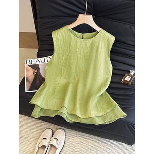 绿色亚麻棉麻吊带背心女夏外穿老钱风轻奢宽松娃娃衫高端苎麻上衣