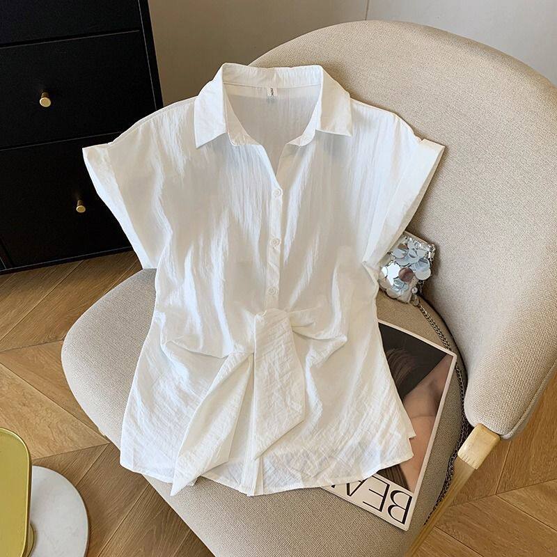 白色气质polo领短袖衬衫女夏季2026新款打结设计衬衣休闲百搭上衣