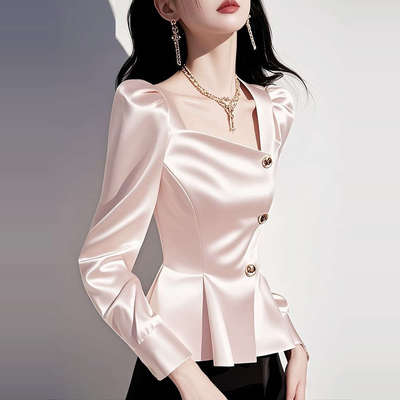 粉色醋酸衬衫高级感轻奢超好看独特漂亮气质方领长袖上衣女2025春