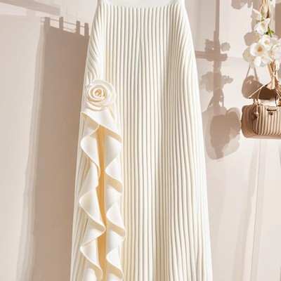 法式玫瑰花不规则A字裙女2025秋冬新款高腰显瘦奶白色中长半身裙