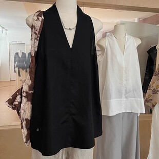 气质v领挂脖背心女夏季高级老钱风宽松上衣削肩法式无袖衬衫女装