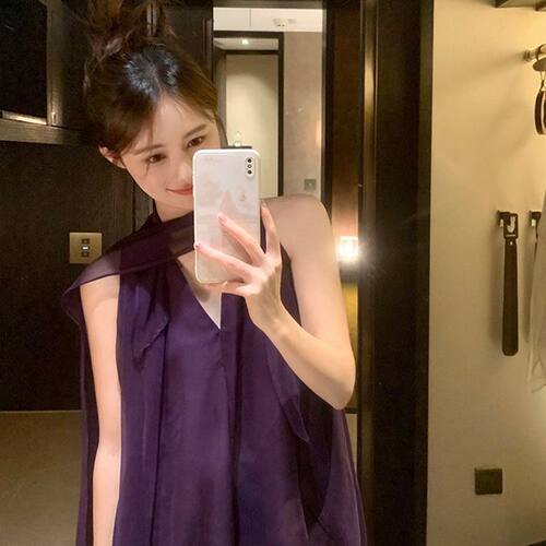 法式v领飘带挂脖紫色无袖衬衫女夏季薄款微透纯欲设计感小衫上衣