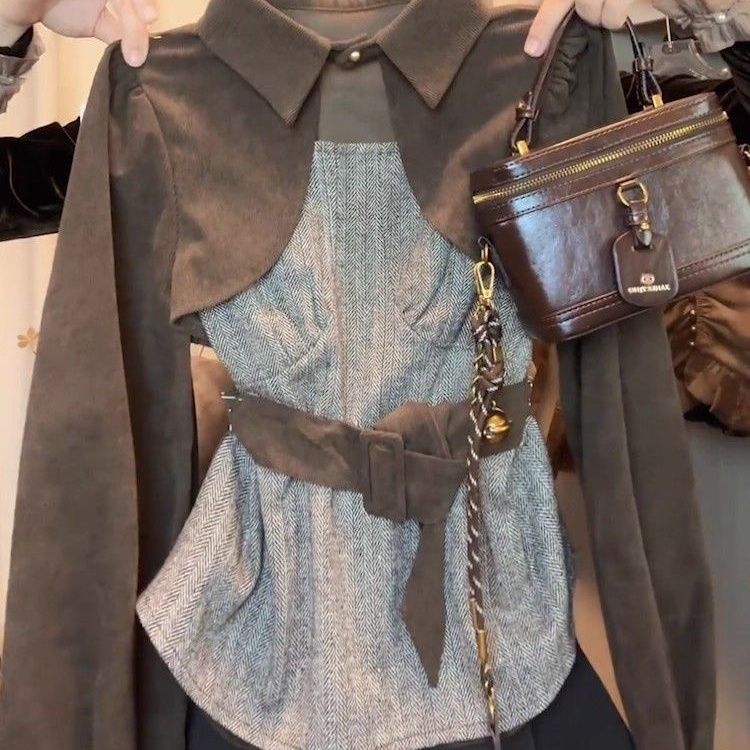 韩版时尚洋气撞色Polo领拼接收腰长袖衬衫女2025秋季新款高级上衣