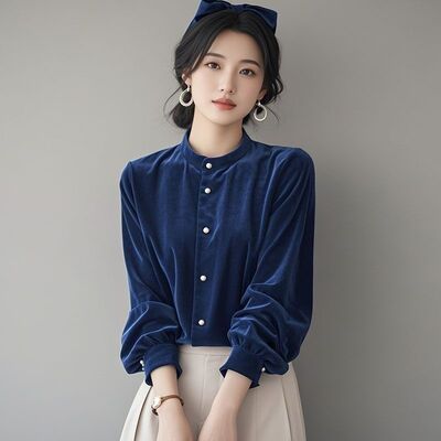 2025年高级丝绒上衣新款气质设计秋冬独特法式别致洋气长袖衬衫